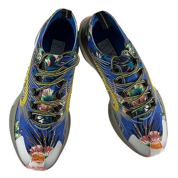 Gucci Men's Run Floral Sneakers Interlocking G Orange Monogram Blue Multi Sz 8 - Picture 1 of 12